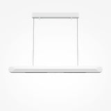 The Motion LED Dimmable Linear Suspension Light - White features a minimalist rectangular shape, suspended by thin cords, combining sleek modern design with LED technology for an elegant touch.