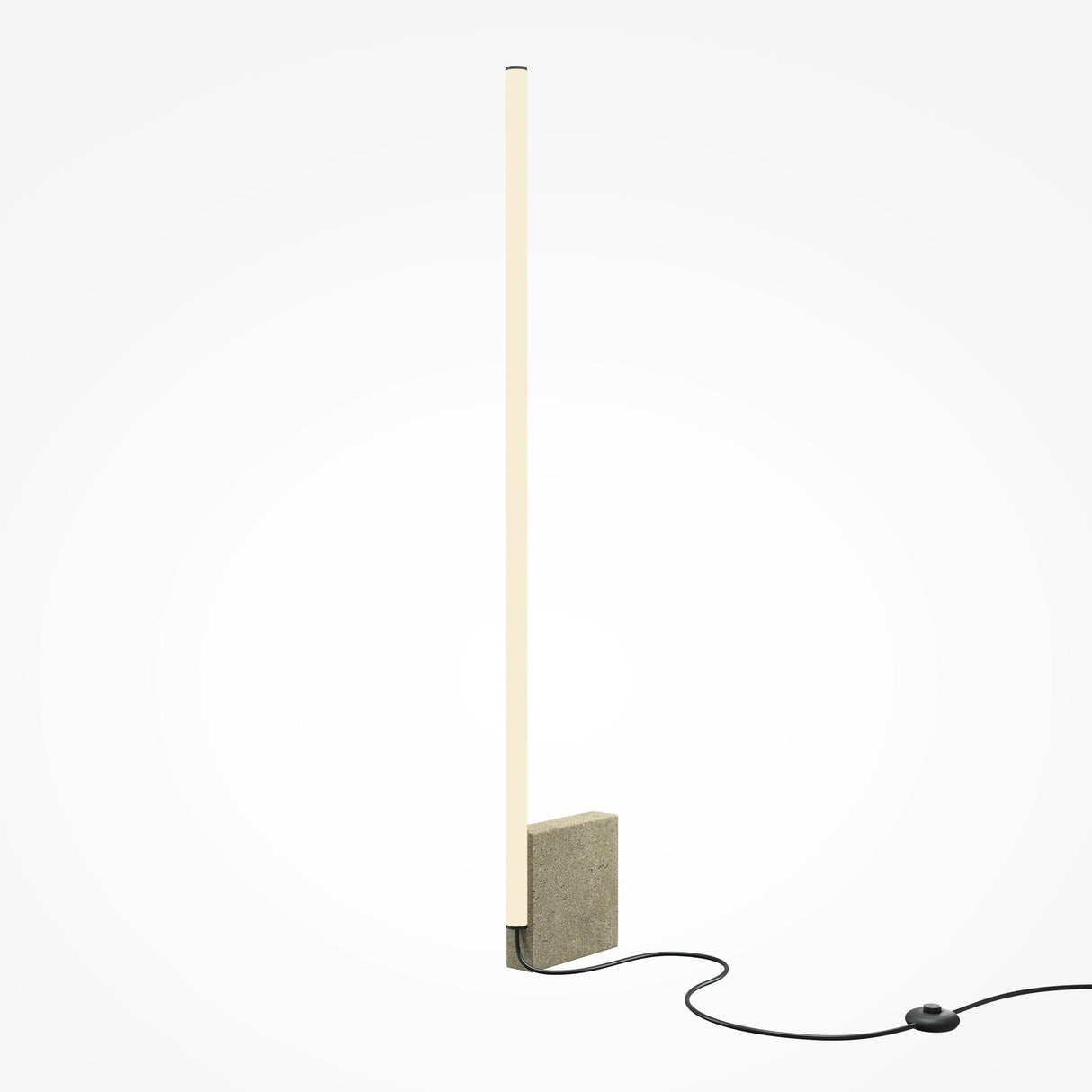 The Solid LED Floor Lamp 3000K 24W - Grey is a minimalist decor piece with a tall, slender light rod on a textured rectangular base. It has a simple, contemporary design featuring a black power cord with a switch against a plain white background.