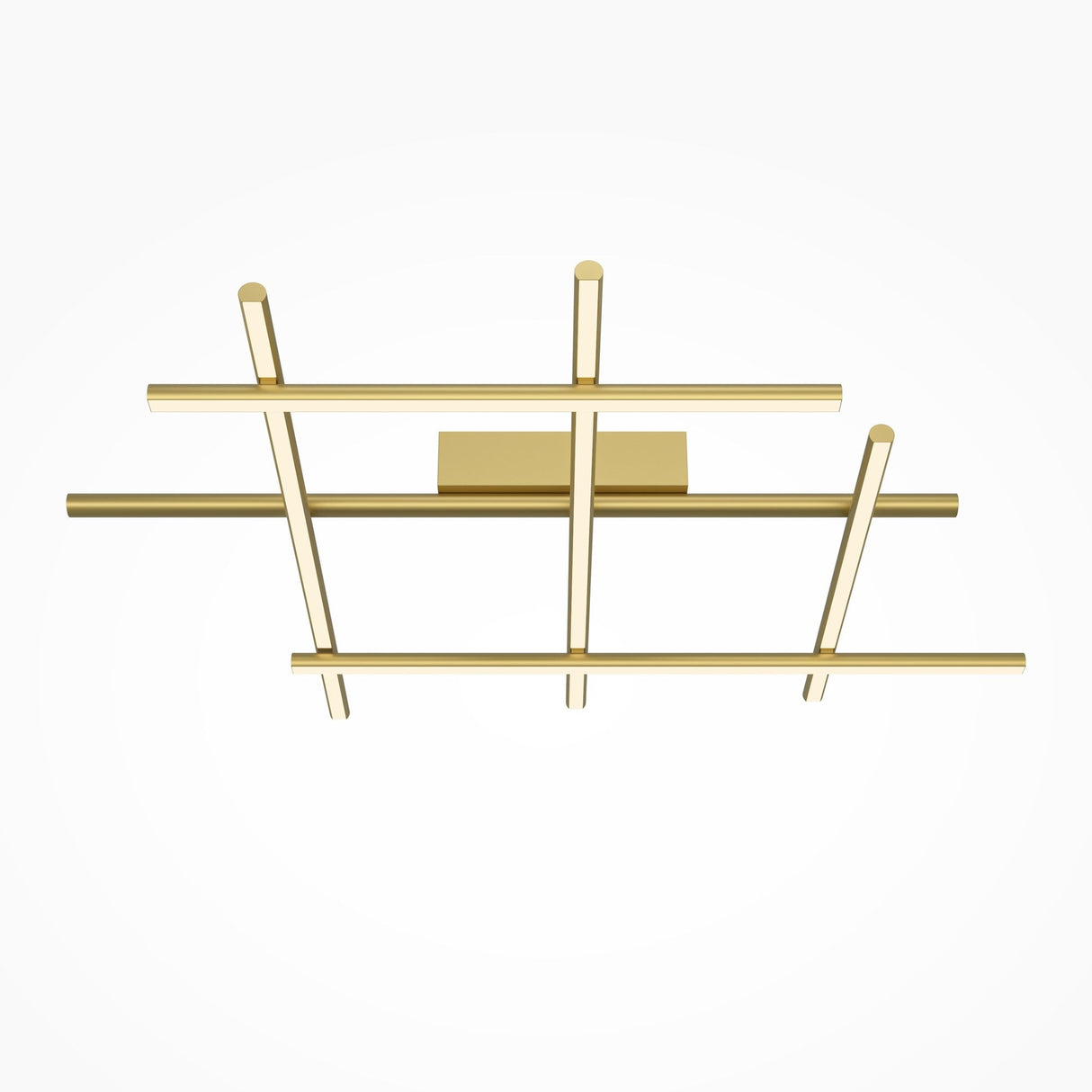 The Radiance LED Ceiling Light - Gold showcases a modern design with intersecting linear gold bars in a satin brass finish. It features three horizontal and two diagonal bars arranged in a rectangle, offering minimalistic, energy-efficient lighting against a white backdrop.