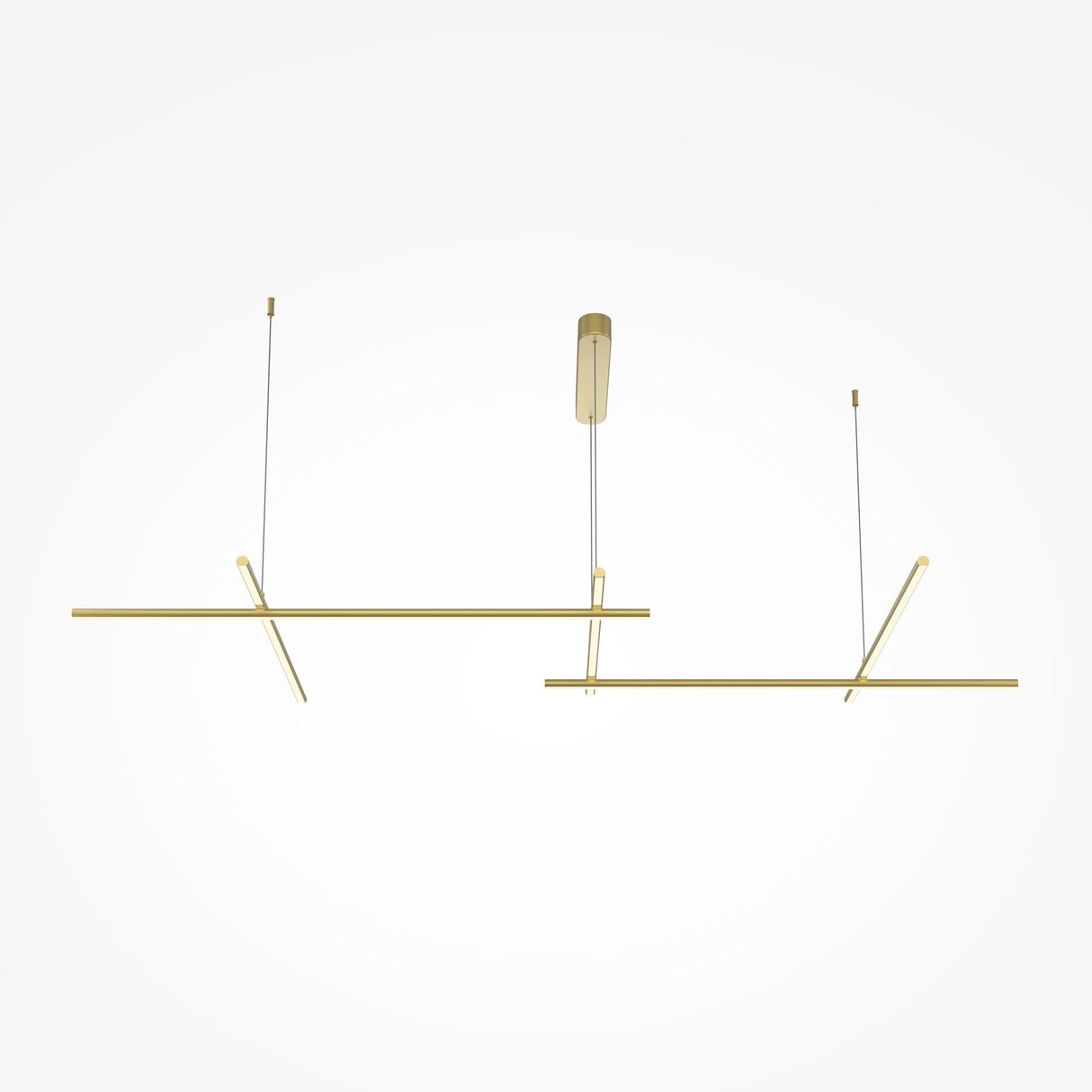 The Radiance LED Extra Long Suspension Light - Gold, a modern pendant fixture with two horizontal bars and thin vertical wires, features a minimalist design that blends sleek linear elements with energy-efficient illumination for an elegant touch. It is set against a plain white background.