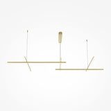 The Radiance LED Extra Long Suspension Light - Gold, a modern pendant fixture with two horizontal bars and thin vertical wires, features a minimalist design that blends sleek linear elements with energy-efficient illumination for an elegant touch. It is set against a plain white background.