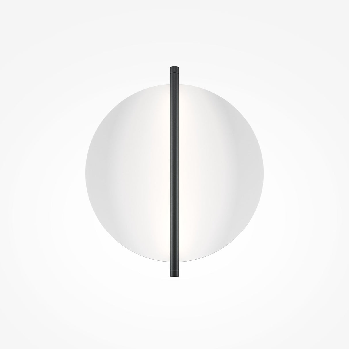 The Mira LED Wall Light - Black With White Diffuser features a minimalist circular white shade split by a slim black bar. Its mounted on a plain white background, highlighted by its sleek black metal frame, providing refined ambient lighting throughout the space.