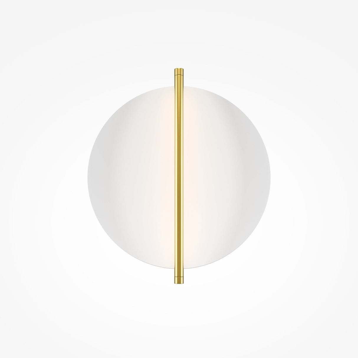 The Mira LED Wall Light - Gold With White Diffuser has a minimalist design with a round, white frosted glass shade and a vertical gold metallic strip, offering an elegant gold finish. It is energy-efficient and stands out against a plain white background.