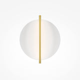 The Mira LED Wall Light - Gold With White Diffuser has a minimalist design with a round, white frosted glass shade and a vertical gold metallic strip, offering an elegant gold finish. It is energy-efficient and stands out against a plain white background.