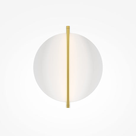 The Mira LED Wall Light - Gold With White Diffuser has a minimalist design with a round, white frosted glass shade and a vertical gold metallic strip, offering an elegant gold finish. It is energy-efficient and stands out against a plain white background.