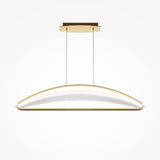 The Breeze LED Suspension Light - Brass features a sleek, curved design with a brass frame, suspended by two thin cables from a rectangular gold ceiling mount. Its energy-efficient glow softly enhances any space, creating an elegant look against a white background.