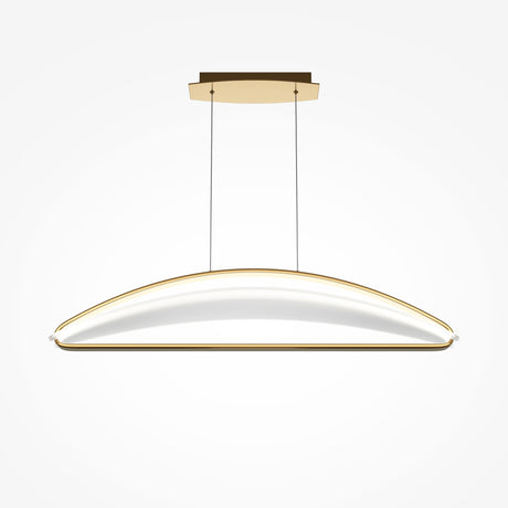 The Breeze LED Suspension Light - Brass features a sleek, curved design with a brass frame, suspended by two thin cables from a rectangular gold ceiling mount. Its energy-efficient glow softly enhances any space, creating an elegant look against a white background.