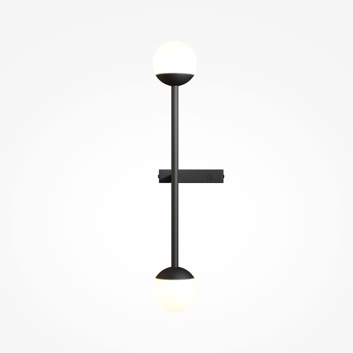 The Touch LED 4-Step Dimmable Wall Light in black features a minimalist design with a vertical rod and dual spherical bulbs. Its sleek functionality is enhanced with black metal fittings against a light gray background, providing efficient 3000K, 10W lighting.