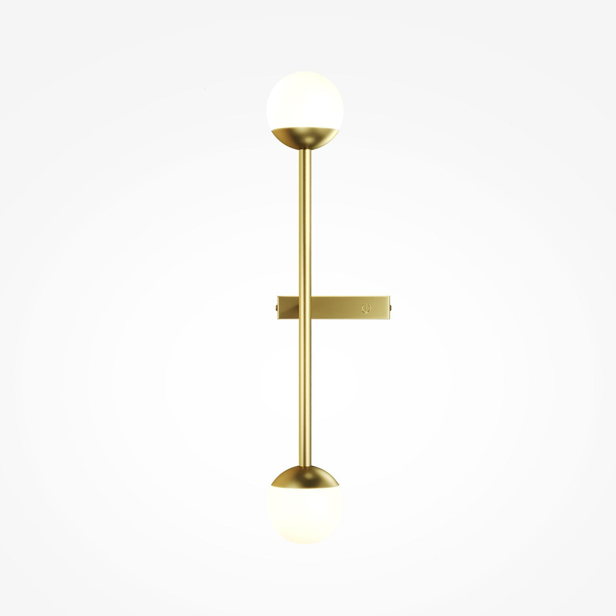 The Touch LED 4-Step Touch Dimmable Wall Light offers a modern look with a vertical brass finish bar and frosted white globes at each end, mounted on a short horizontal bracket against a plain white background.