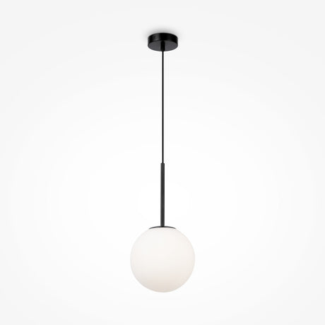 The Basic Form Globe Pendant Light 20cm in Black, with frosted white glass, features a sleek metal frame and hangs elegantly from the ceiling, casting a soft ambient glow. Its minimalist and contemporary design suits any stylish space.