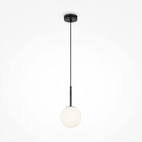 The Basic Form Globe Pendant Light (15cm) features a modern design with a black cord and circular base, and includes a frosted white glass shade with a spherical bulb, all set against a plain white background.