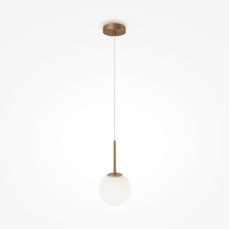 The Basic Form Globe Pendant Light features a frosted white 15cm glass sphere suspended from a thin cord attached to a circular brass ceiling mount and rod, perfect for modern interiors on a plain white background that accentuates its minimalist design.