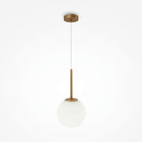 The Basic Form Globe Pendant Light 20cm features a modern design with a gold finish and frosted white glass globe, suspended from an adjustable rod and mounted on a circular ceiling fixture for an elegant touch.