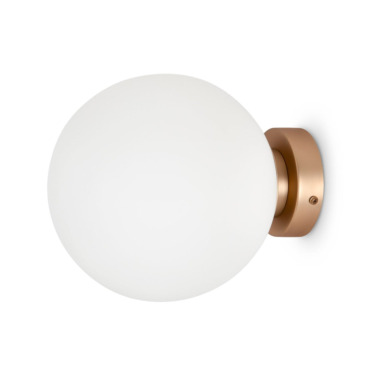 The Basic form Big Frosted Ball Wall Light - Gold features a large, frosted white spherical glass shade paired with a round brass base in a gold finish, creating an elegant design perfect for contemporary interiors.