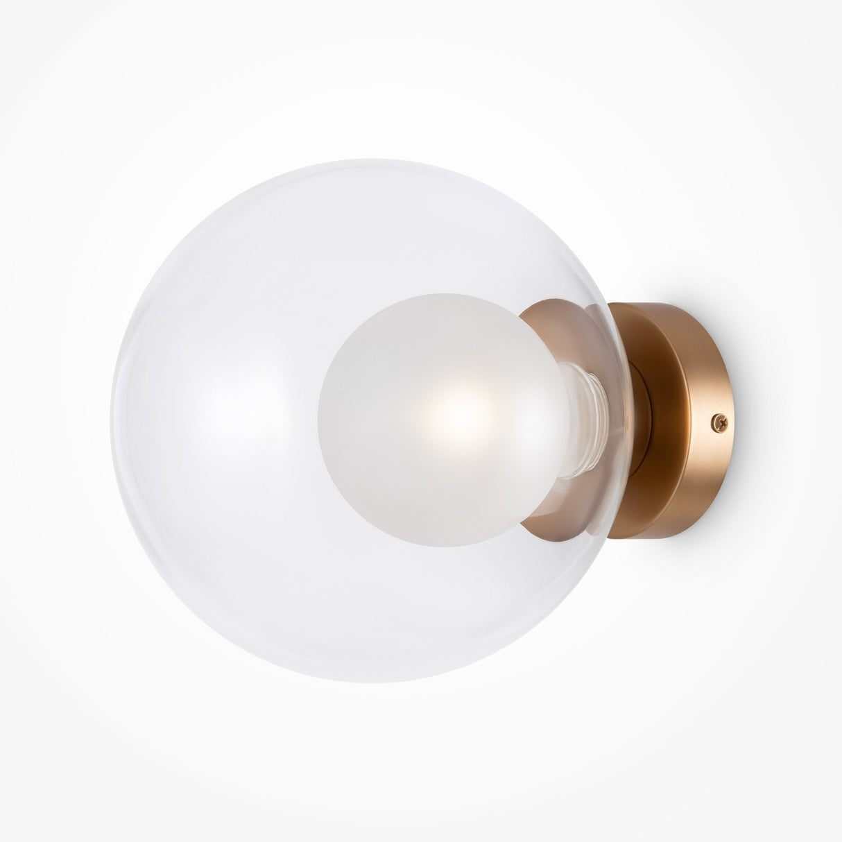 The Basic Form Big Clear Ball Wall Light - Gold features an opal glass globe with a frosted bulb. Its sleek, modern design pairs a gold metal base against a white background, bringing sophistication and elegance to any space.