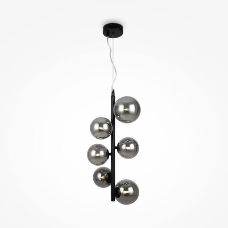 The Dallas 6 Light Drop Suspension features a sleek black vertical rod with six smoked mirrored glass spheres. A stylish pendant design, the chrome shades are staggered and suspended from the ceiling with a sophisticated black metal frame and circular mount.