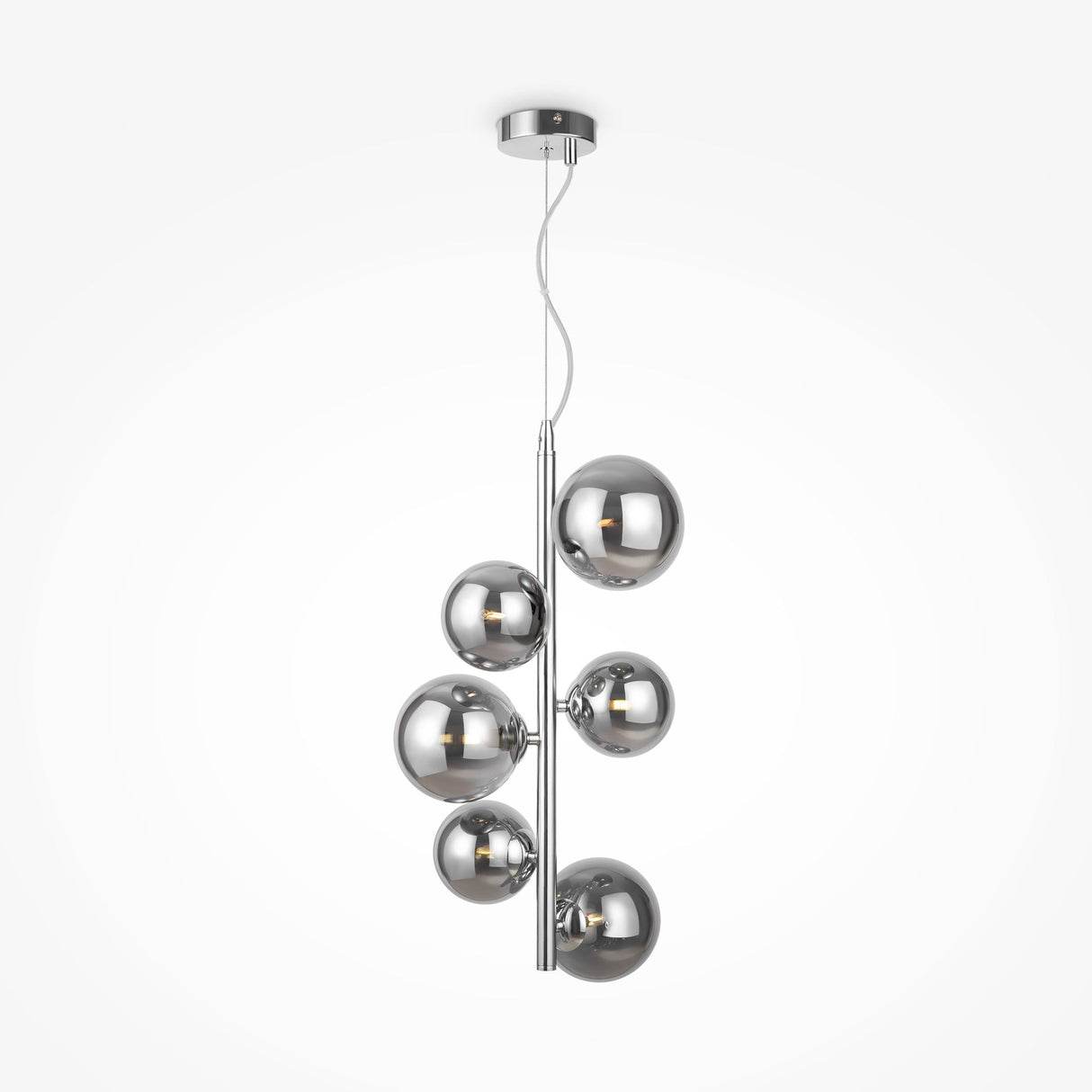 The Dallas 6 Light Drop Suspension features a sleek metal rod suspending six smoked mirrored glass spheres, exuding minimalist and contemporary elegance with its asymmetrical cluster design.