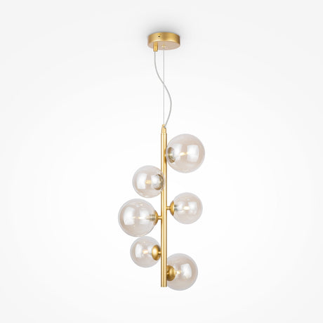 The Dallas 6 Light Drop Suspension features a modern design with gold rods, six asymmetrically arranged amber mirrored glass spheres, and transparent bulbs. Hanging elegantly from thin wires against a white background, its height is adjustable for the perfect fit.