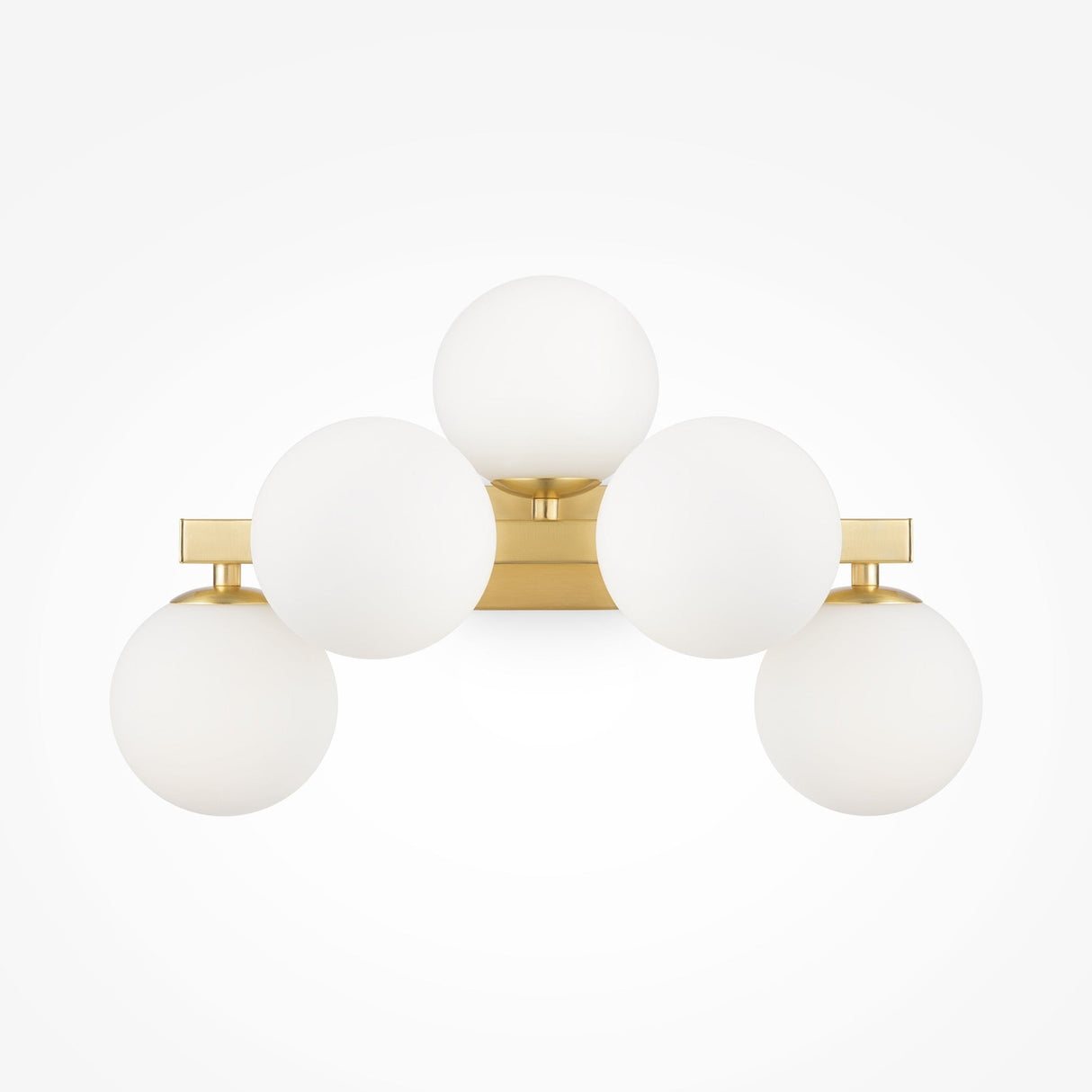 The Dallas 5 Light Wall Light - Brass With White Opal Glass showcases a minimalistic design with five globe bulbs in an arch, mounted on a sleek rectangular brass base for modern sophistication.