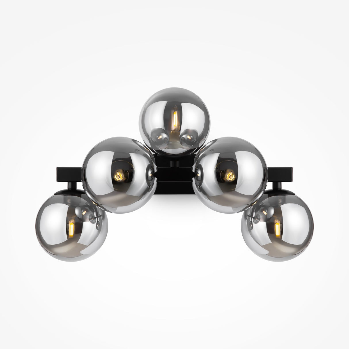 The Dallas 5 Light Wall Light - Black With Smoked Mirrored Glass is a modern fixture for contemporary spaces with five spherical metallic bulbs in a semi-circular pattern. Each bulbs smoked mirrored glass enhances the sleek design by reflecting light beautifully.