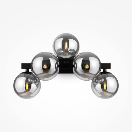 The Dallas 5 Light Wall Light - Black With Smoked Mirrored Glass is a modern fixture for contemporary spaces with five spherical metallic bulbs in a semi-circular pattern. Each bulbs smoked mirrored glass enhances the sleek design by reflecting light beautifully.