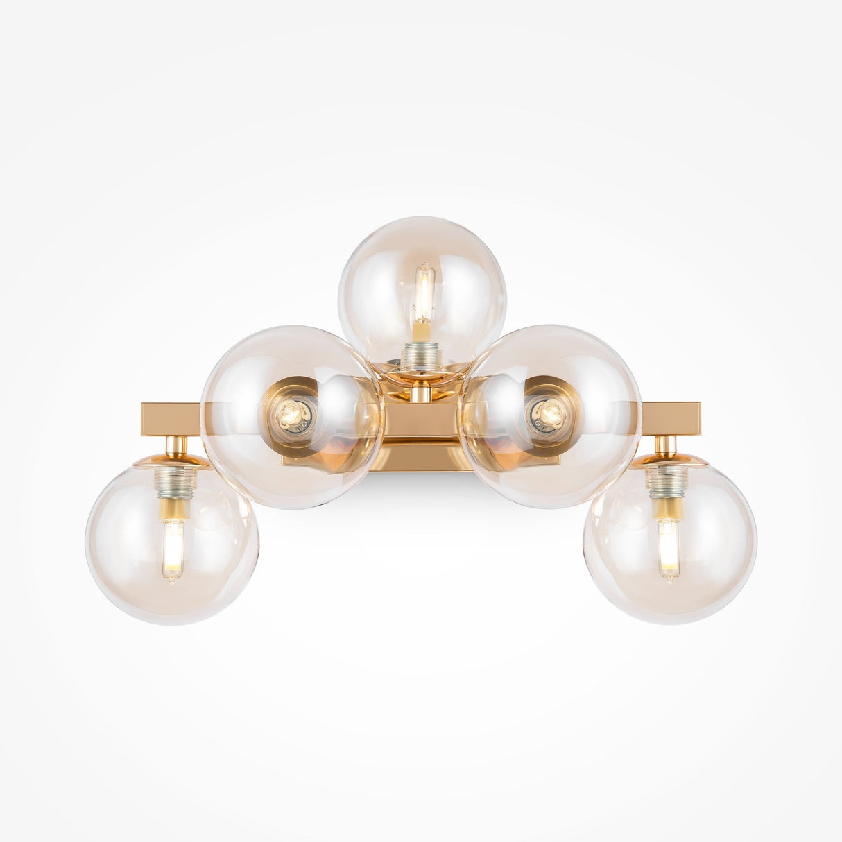 The Dallas 5 Light Wall Light in gold showcases a five-light design with amber mirrored glass bulbs in a triangular arrangement on a metallic base, evenly spaced for a symmetrical look against a white background.