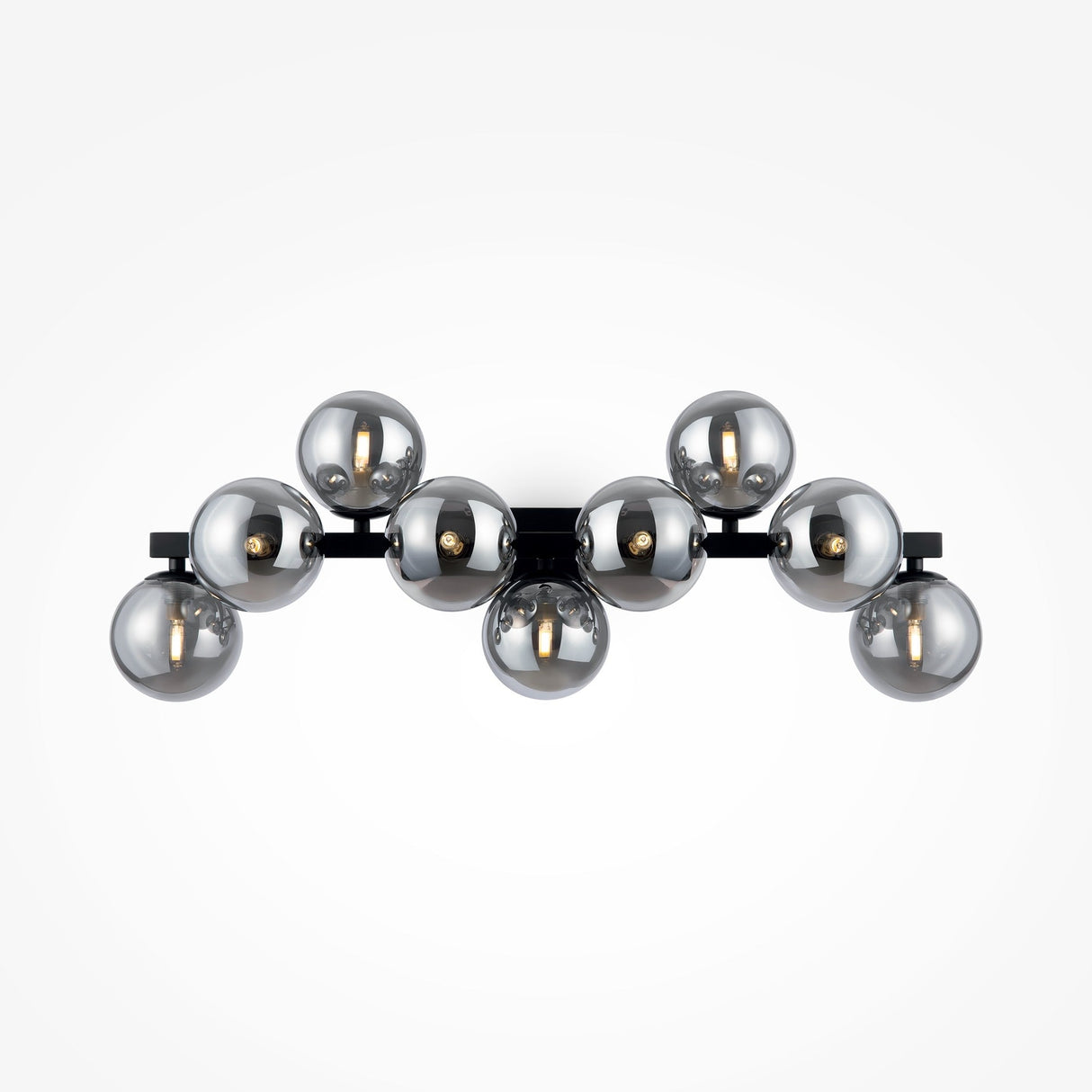 The Dallas 9 Light Wall Light features a black frame with nine metallic spheres and smoked mirrored glass, elegantly arranged in a symmetrical design, making it the perfect complement to any modern interior lighting scheme against a plain white background.