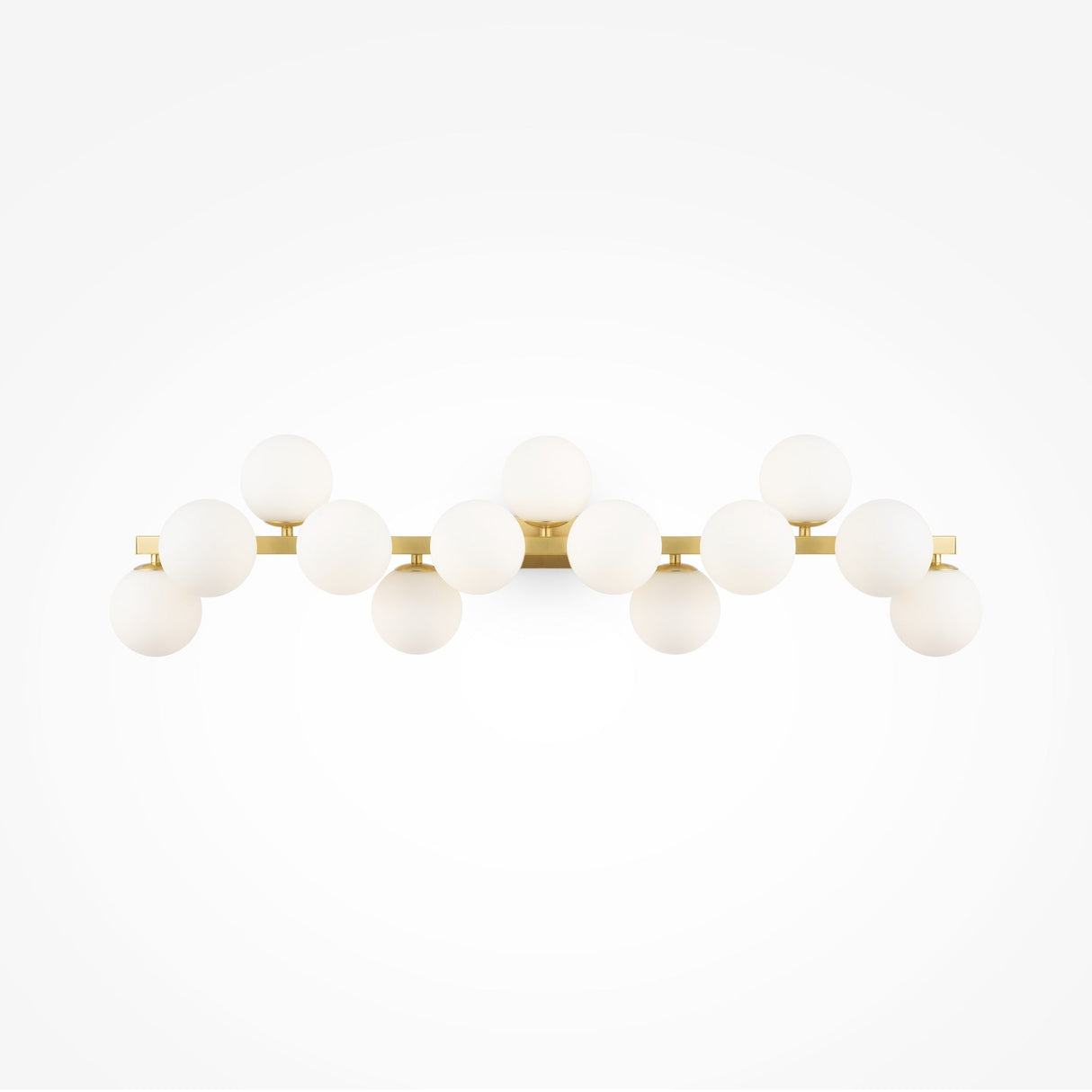 The Dallas 13 Light Wall Light - Brass With White Glass features a minimalist design with a brass horizontal bar and sixteen round white opal glass bulbs arranged in two rows, enhancing any space with its elegant brass fittings.