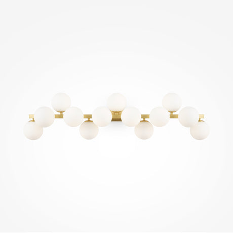 The Dallas 13 Light Wall Light - Brass With White Glass features a minimalist design with a brass horizontal bar and sixteen round white opal glass bulbs arranged in two rows, enhancing any space with its elegant brass fittings.