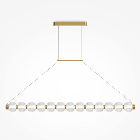 The Amulet LED Linear Suspension Light features 12 ribbed glass spheres in a linear arrangement. Suspended by two thin wires from a brass ceiling mount and bar, its adjustable suspension adds versatility to this minimalist design.