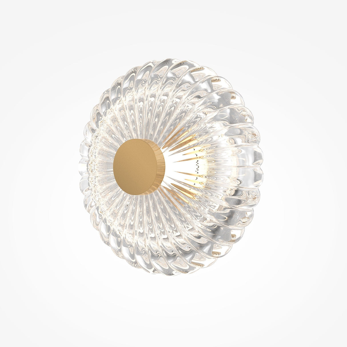 The Amulet LED Round Wall Light features ribbed glass with a textured pattern and a central gold-colored disc, casting a soft glow to highlight its intricate design.