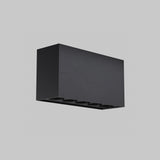 The Ares Outdoor LED Rectangular Downlight in Graphite is mounted on a light gray wall, showcasing a sleek, minimalist design. Its multiple round light openings beneath are ideal for terrace lighting.