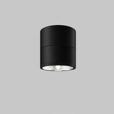 The Spin Outdoor LED Single Spotlight 12W 3000K in Graphite is a contemporary cylindrical ceiling fixture with a smooth finish and an IP54 rating, featuring a visible central lightbulb, offering durability and elegance against a plain gray background.