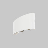 The Strato Outdoor LED Wall Light 6W 3000K - White, mounted on a plain gray background, showcases a modern minimalist design with a slight curve and two visible bulbs at the bottom, featuring an IP54 rating for durability.
