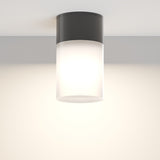The Willis Outdoor Downlight - Black is a modern cylindrical ceiling fixture with a durable metal black base and frosted glass shade, providing a soft, warm glow. It mounts on a white ceiling for a minimalist and contemporary look in exterior spaces.