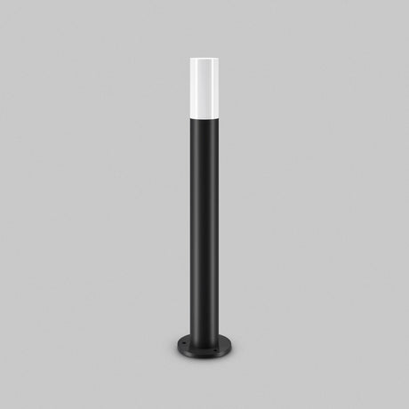 The Willis Bollard Light 80cm - Black features a smooth black finish and white top, standing elegantly on its circular base. Ideal for outdoor lighting, it combines style and functionality against a plain gray background.