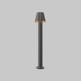 The Harz LED Bollard Light 80cm in graphite features a modern cylindrical design with a conical shade, offering an enhanced warm glow through its LED module. Set against a plain light gray background, it combines both style and function.