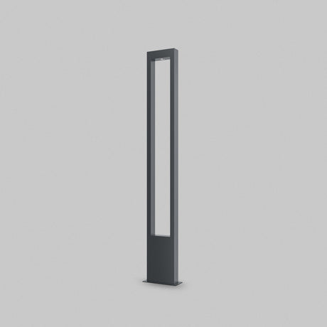 The Bonn Bollard Light 150cm in Graphite, with a slim design and transparent center panel, stands against a plain light grey background, capturing the essence of modern landscapes.