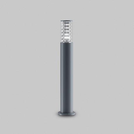 Introducing the Bronx Bollard Light 796mm - Grey, a modern outdoor lighting solution with a sleek, cylindrical design featuring an aluminum body with a transparent cover and flat circular base, all in stylish dark gray against a plain gray background.