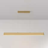 The Step LED Long Linear Suspension Light 3000K 30W - Gold features a sleek rectangular design, hangs from a white ceiling by two thin wires with SMD LEDs, and creates an elegant, minimalist ambiance.