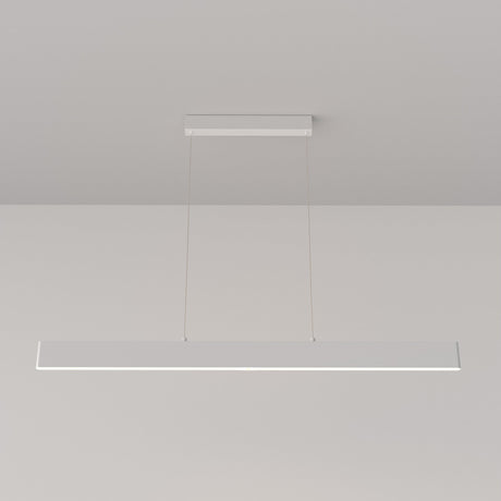 The Step LED Long Linear Suspension Light 3000K 30W - White, with its minimalist and modern design, hangs from the ceiling by two thin wires against a plain white backdrop. It features advanced SMD LED technology for efficient illumination.