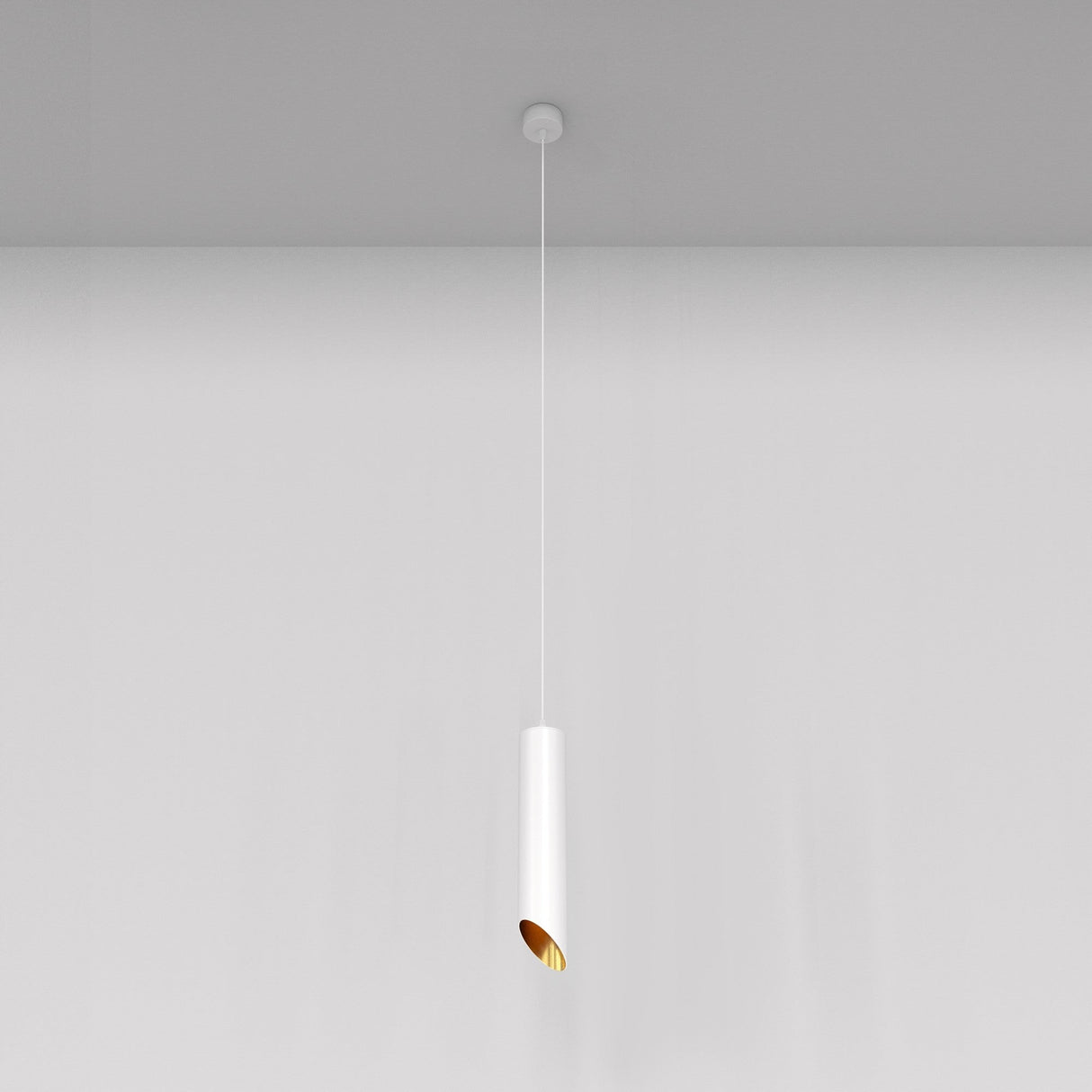 The Lipari Short Round Pendant Lamp features a minimalist, modern cylindrical design with a sleek white exterior and gold interior. It hangs elegantly from the ceiling by a thin white cord, casting a warm soft glow against a neutral background.