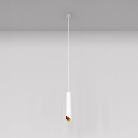 The Lipari Short Round Pendant Lamp features a minimalist, modern cylindrical design with a sleek white exterior and gold interior. It hangs elegantly from the ceiling by a thin white cord, casting a warm soft glow against a neutral background.