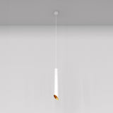 The Lipari Long Round Pendant Light in white with a golden interior, an icon of modern lighting, hangs elegantly by an adjustable suspension. Its sleek cylindrical design creates a striking contrast against a plain gray background.