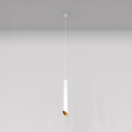 The Lipari Long Round Pendant Light in white with a golden interior, an icon of modern lighting, hangs elegantly by an adjustable suspension. Its sleek cylindrical design creates a striking contrast against a plain gray background.