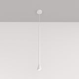 The Arrow 1 Light Long Cone Pendant - White, with its minimalist design, showcases a slender stem and cone-shaped shade. It elegantly suspends from a white ceiling on a light gray background, enhancing modern interiors.
