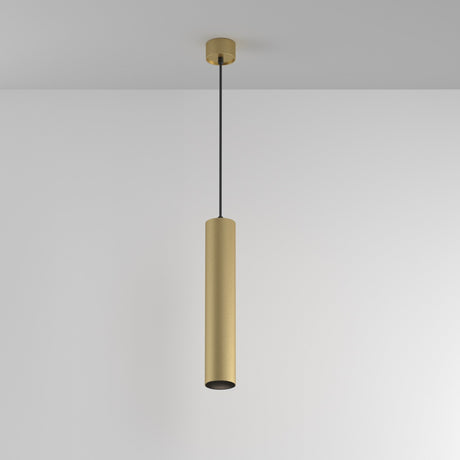 The Artisan 1 Light Long Round Pendant in matte gold features a modern adjustable design and is suspended from the ceiling by a thin black cord against a plain white background.