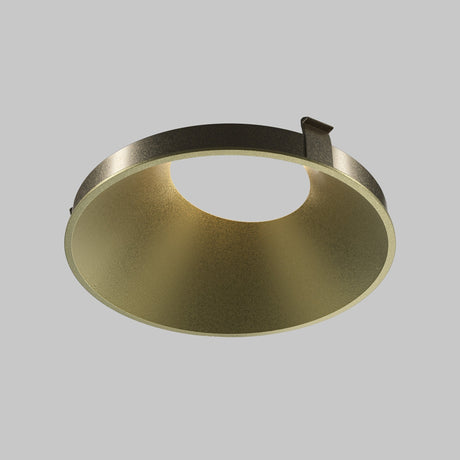 The Wise Decorative Reflector Frame 70mm in Matte Gold features a circular ceiling light fixture with a minimalist design, accented by a frame and central opening for soft lighting, beautifully mounted on pale gray.
