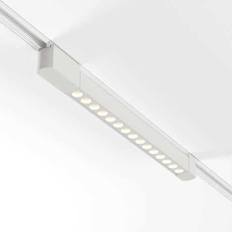 The Points Rot LED Swivel Linear Track Light is mounted on a single-phase track and features evenly spaced circular lights. Emitting a 3000K white glow with high CRI and a 22W output, its minimalist design and white finish seamlessly blend with the ceiling.