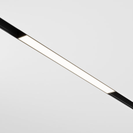 Mounted on a white ceiling, the Basis LED Linear Track Light for Magnetic Exility 12W 4000K - Black features a sleek, modern design with black-accented ends, making it ideal for contemporary interiors and flexible placement.